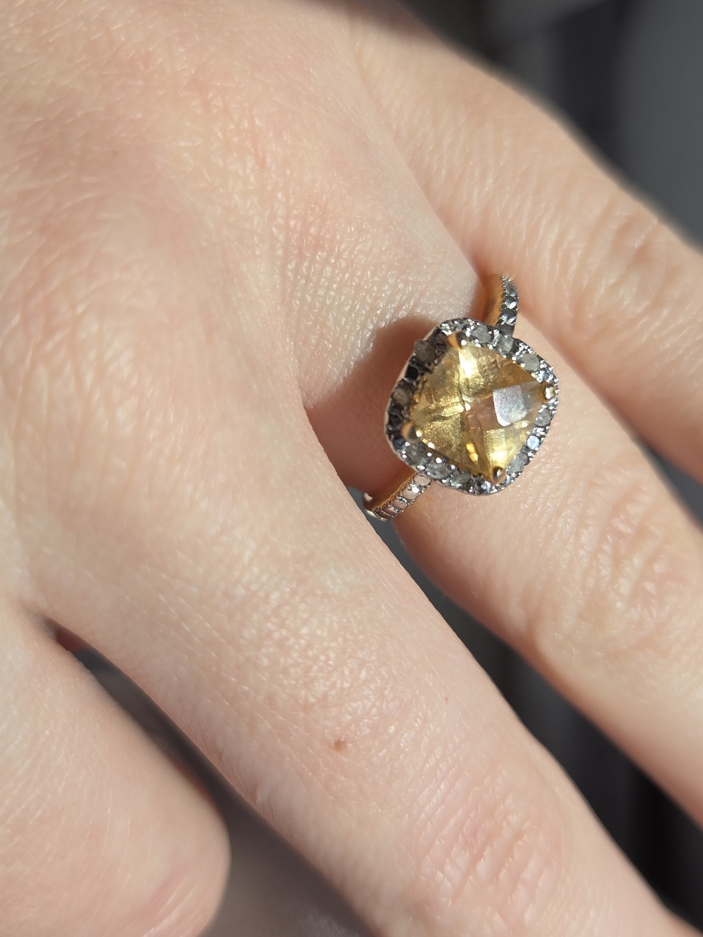 Yellow Citrine Halo Ring with Diamond Accents